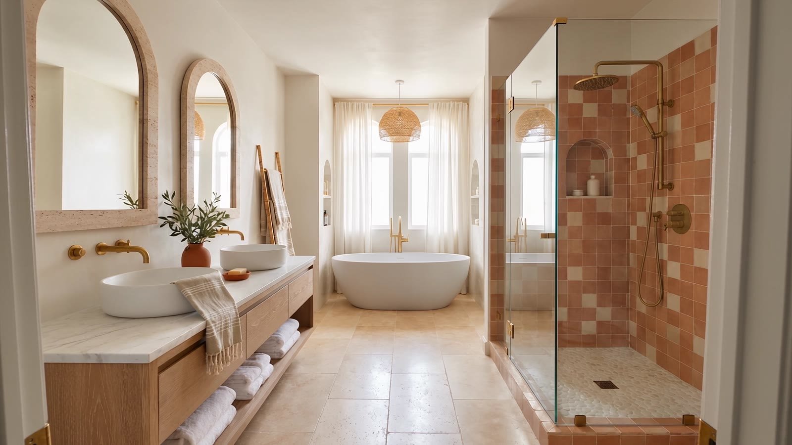 The finished bathroom: terracotta walk-in shower, freestanding bath, oak double vanity