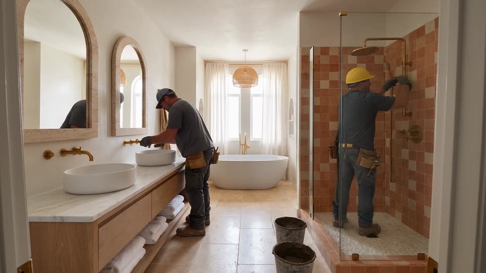 Vanity and shower glass being fitted