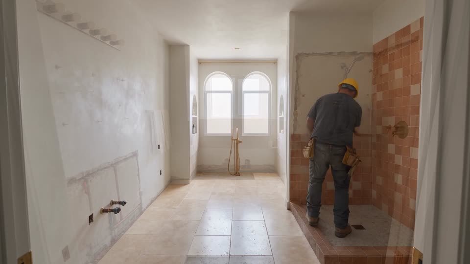 Shower walls being tiled in terracotta